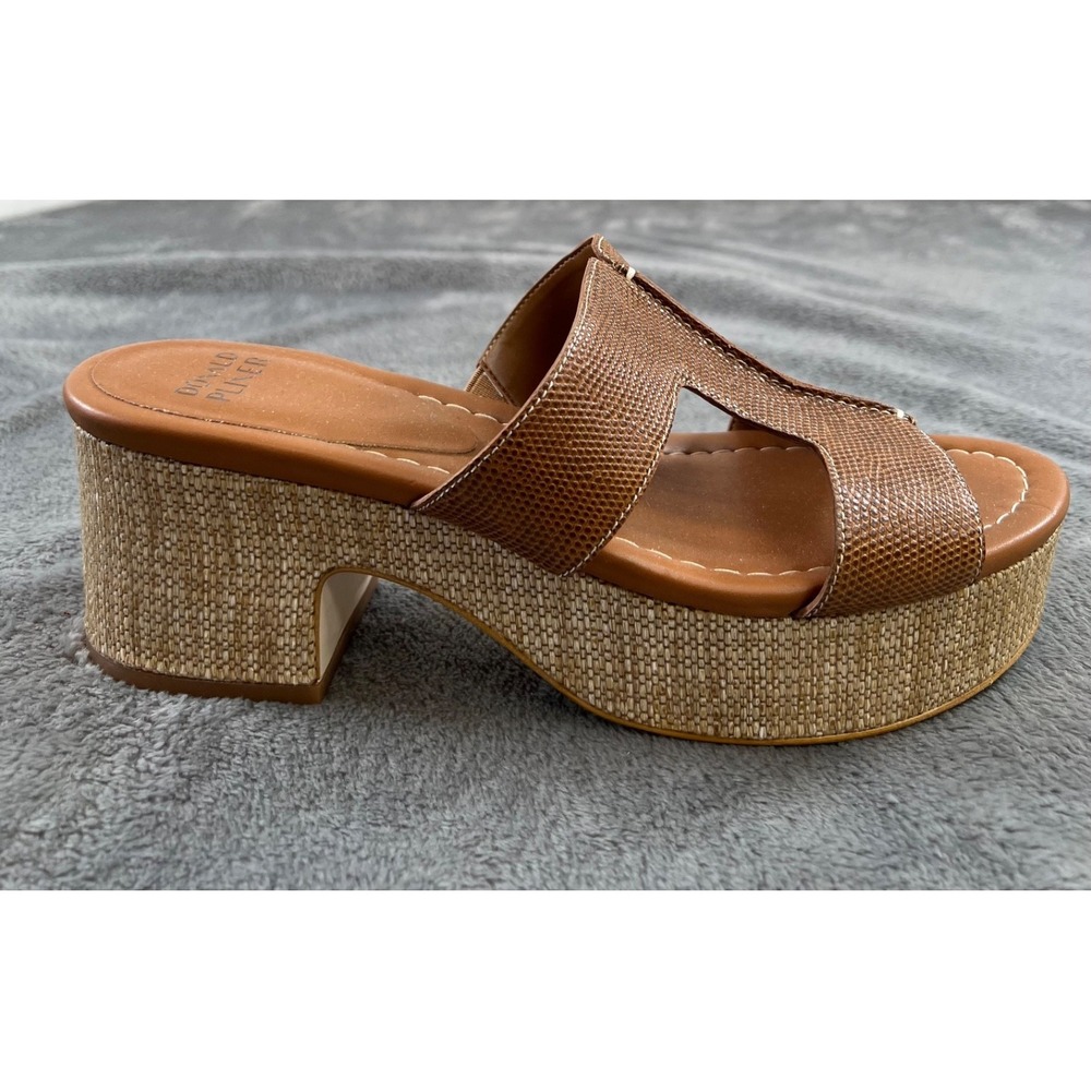 Donald Pliner Disco Platform Sandals 9.5 Brown Snake Embossed Raffia Slides